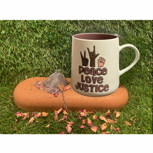 “Peace Love Justice” mug